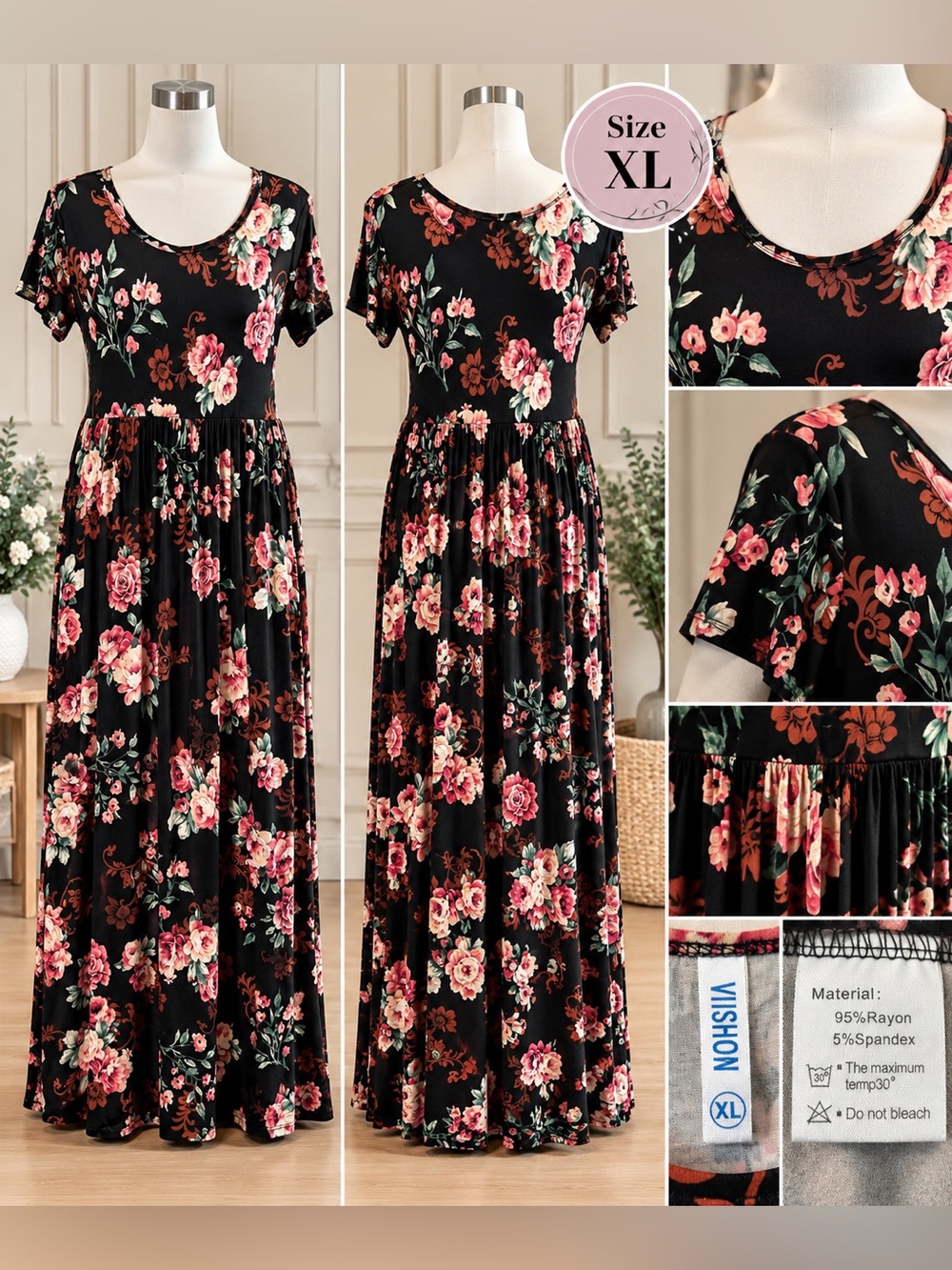 Floral Maxi Dress – Size XL – Black & Rose Floral WITH POCKETS